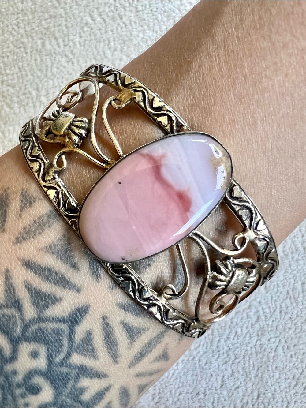 925 Pink Peruvian Opal Cuff Bracelet
